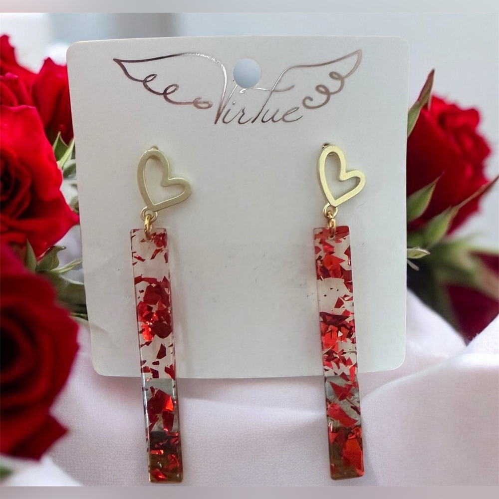 Virtue Heart Post Acrylic Bar- Red Fleck Earrings